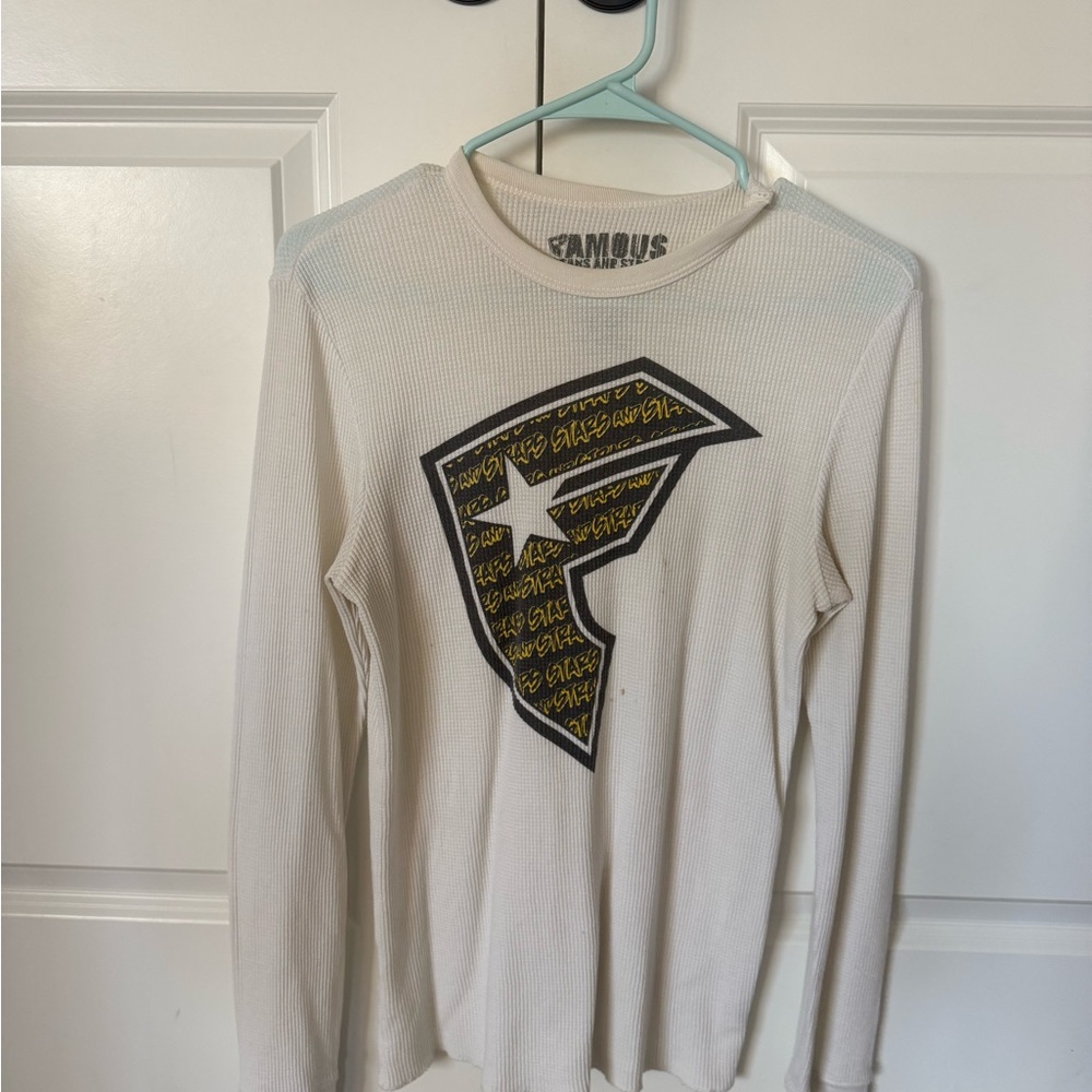 Famous Stars & Straps White Long Sleeve Tee with Black and Yellow Logo